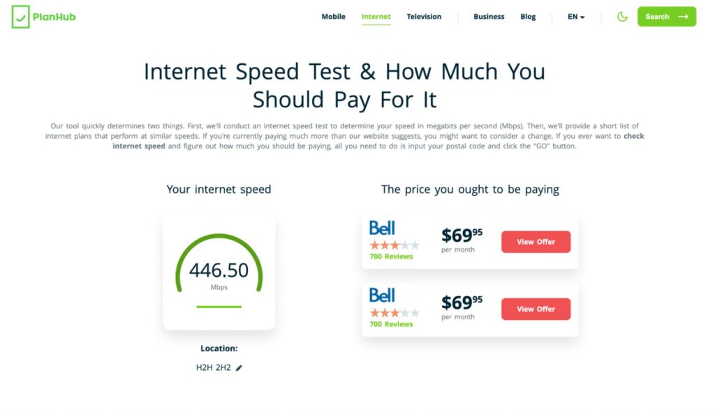 What Is Your Internet Score? Screenshot of Planhub Speed Test Page