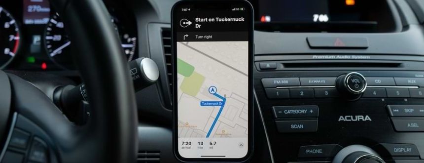 A driver uses Google Maps on their phone to get to their destination, a valuable feature made easier with auto connected cars.