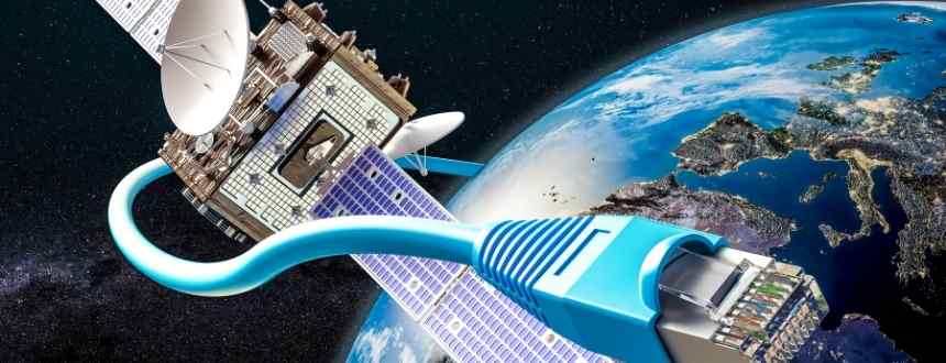An image of an internet cable emerging from a satellite, a cartoony representation of how Starlink internet functions.