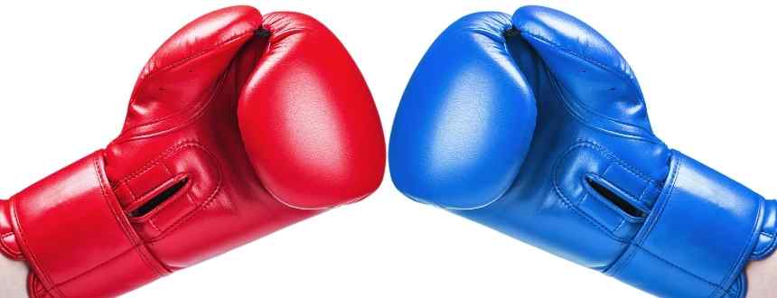 A blue and red boxing glove clash, representing Bell and Rogers.