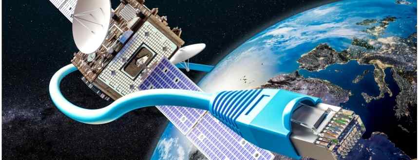 Un satellite au dessus de la terre avec un cable rj45 flottant dans l'espace